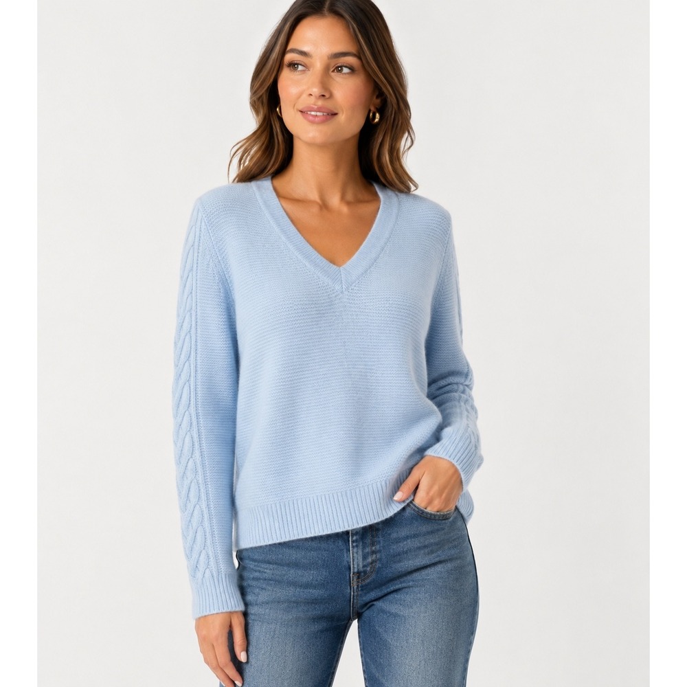 Charter Club Sweater 100% Cashmere NEW Cable Water Drop V Neck Blue Small
